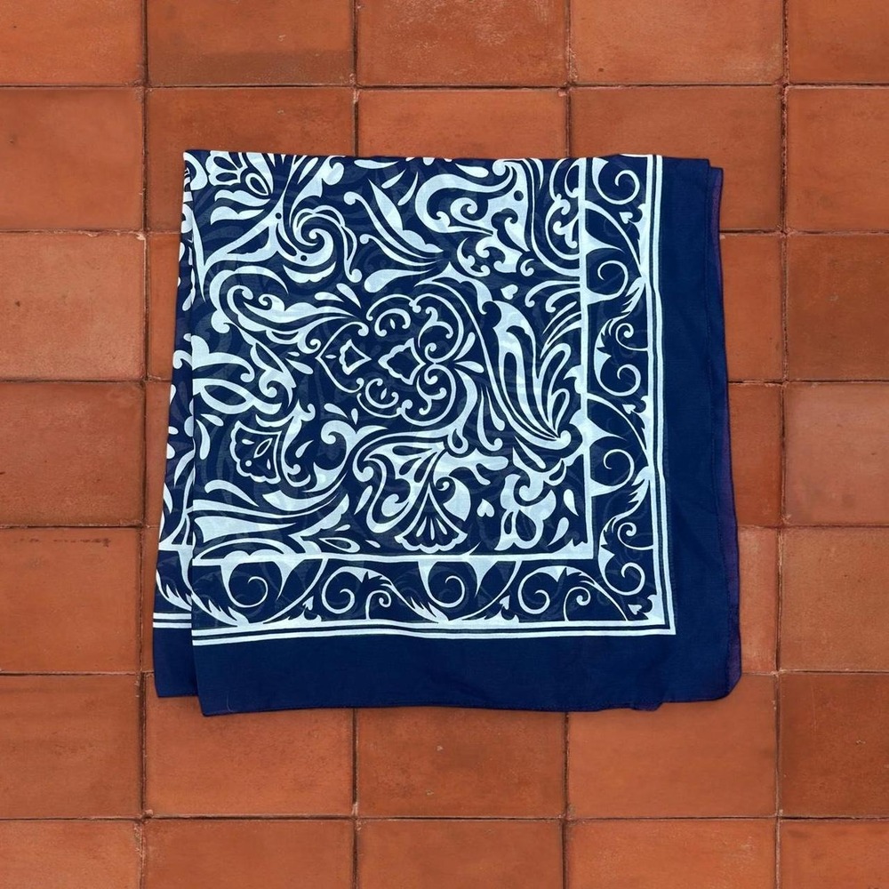 Baroque Scrollwork Pattern Square Scarf in Navy Blue and White